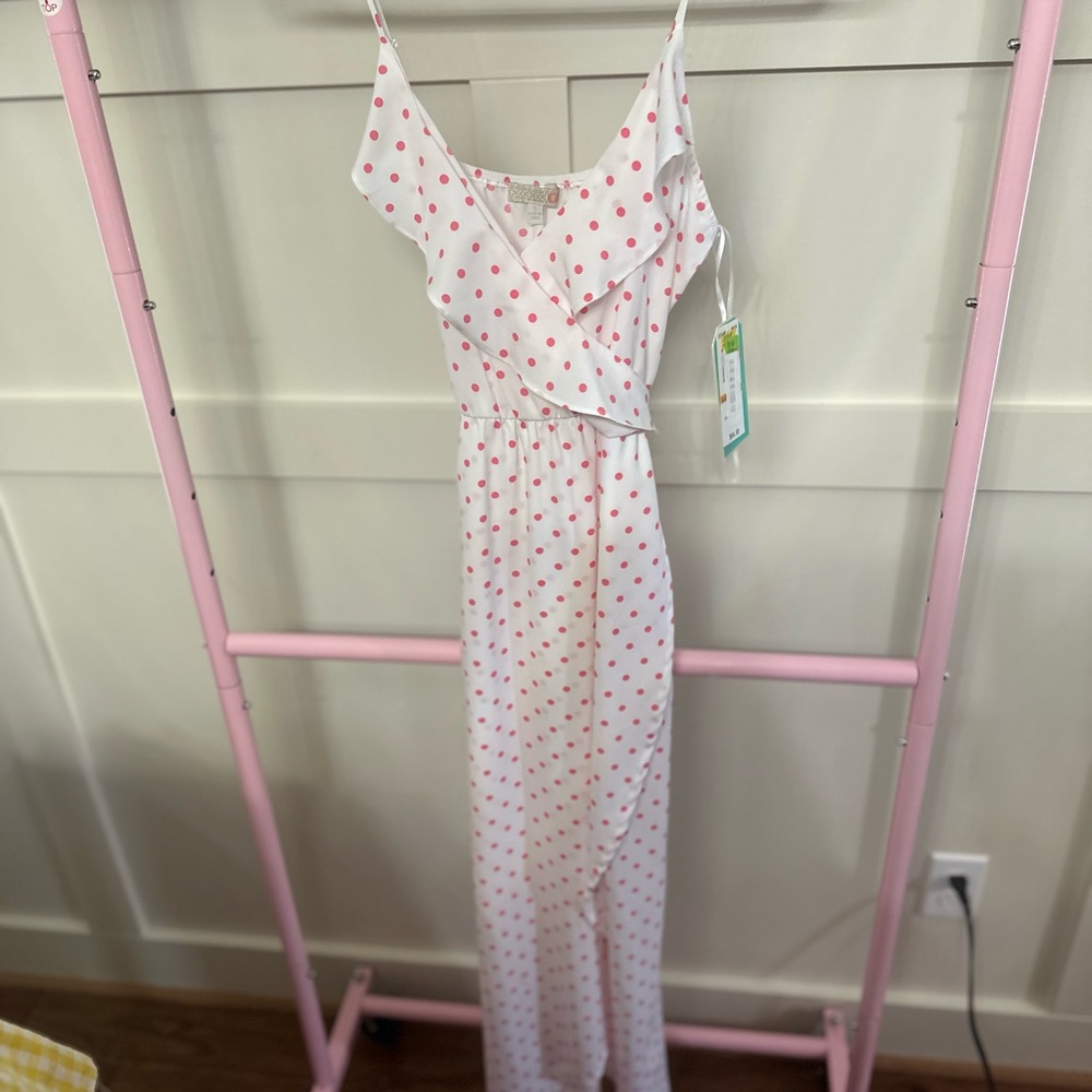 White Maxi Wrap Dress with Pink Polka Dots